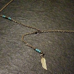 (2for5)Gold turquoise dangle feather necklace